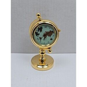 Miniature Gold World Map Desk Clock Quartz Japan Movt New Battery Working Gimbal